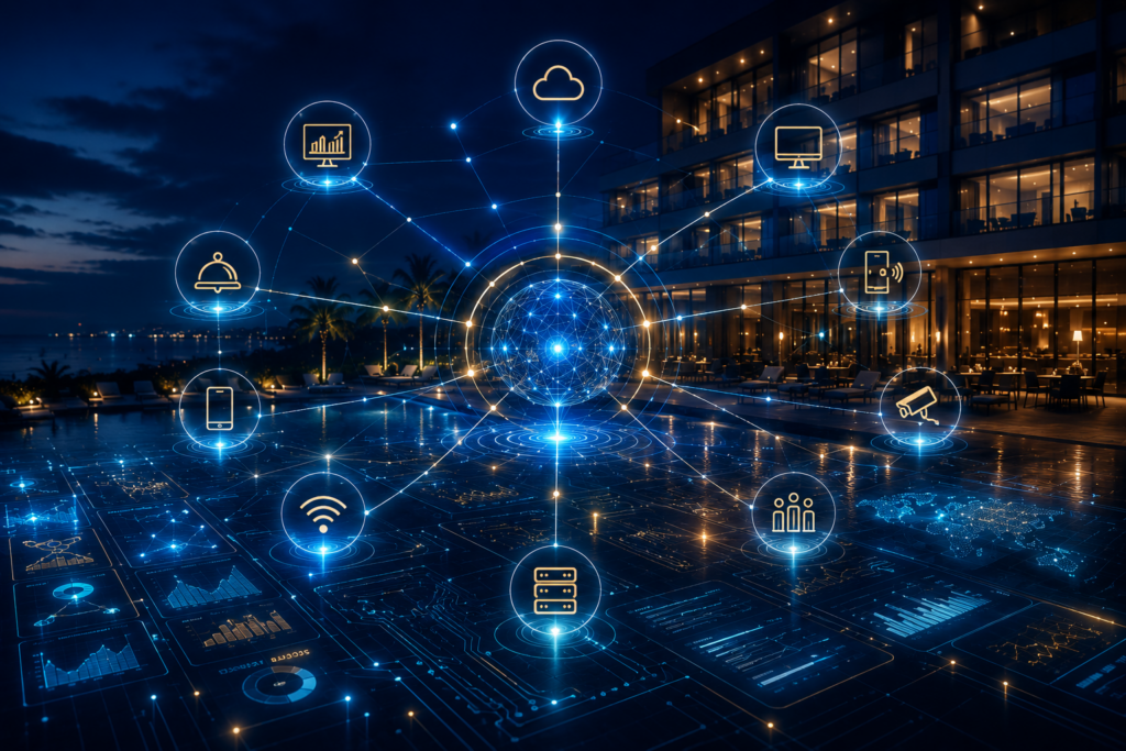 Digital hotel technology ecosystem connecting business systems, cloud platforms, data, and operational infrastructure through hotel systems integration consulting.