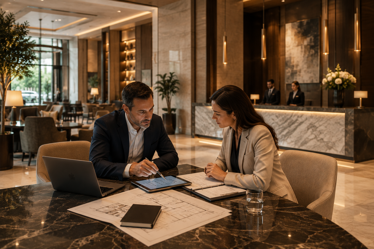 Hospitality technology consulting strategy meeting in a luxury hotel.