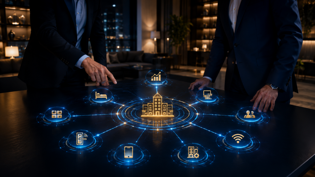 Technology consultants planning hotel systems integration using a connected digital ecosystem with hospitality technology architecture and business platforms.