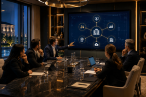 Technology consultants presenting a hotel systems integration strategy to hospitality executives using a connected digital technology ecosystem.