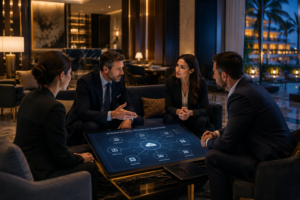 Technology consultants meeting with hotel executives to develop a luxury hotel technology strategy and digital transformation roadmap.