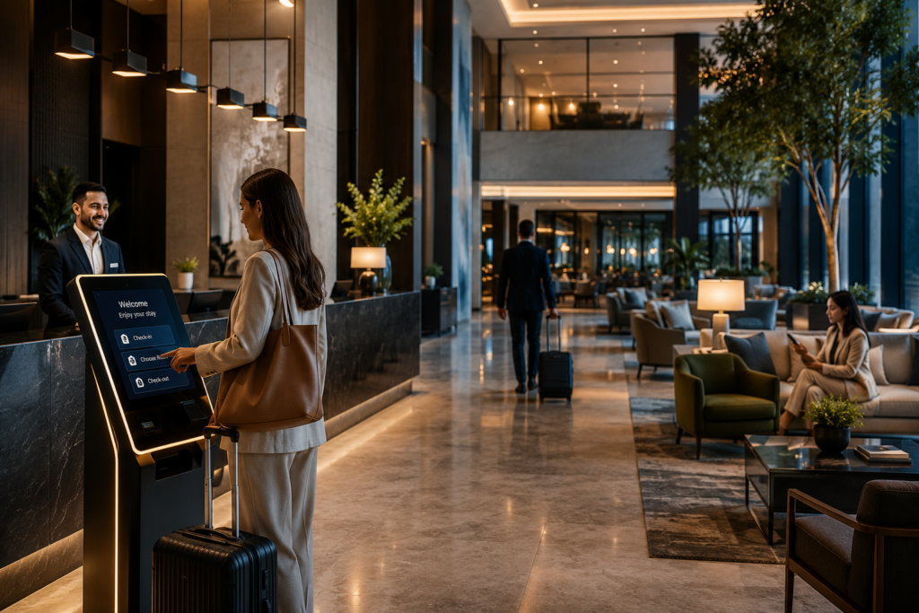 Luxury hotel lobby featuring self-service digital check-in kiosk, modern guest experience technologies, and smart hospitality automation.