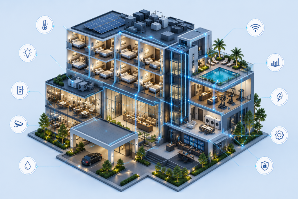 Isometric smart hotel architecture illustrating connected IoT technologies, intelligent building automation, guest rooms, energy management, security, and hospitality systems.