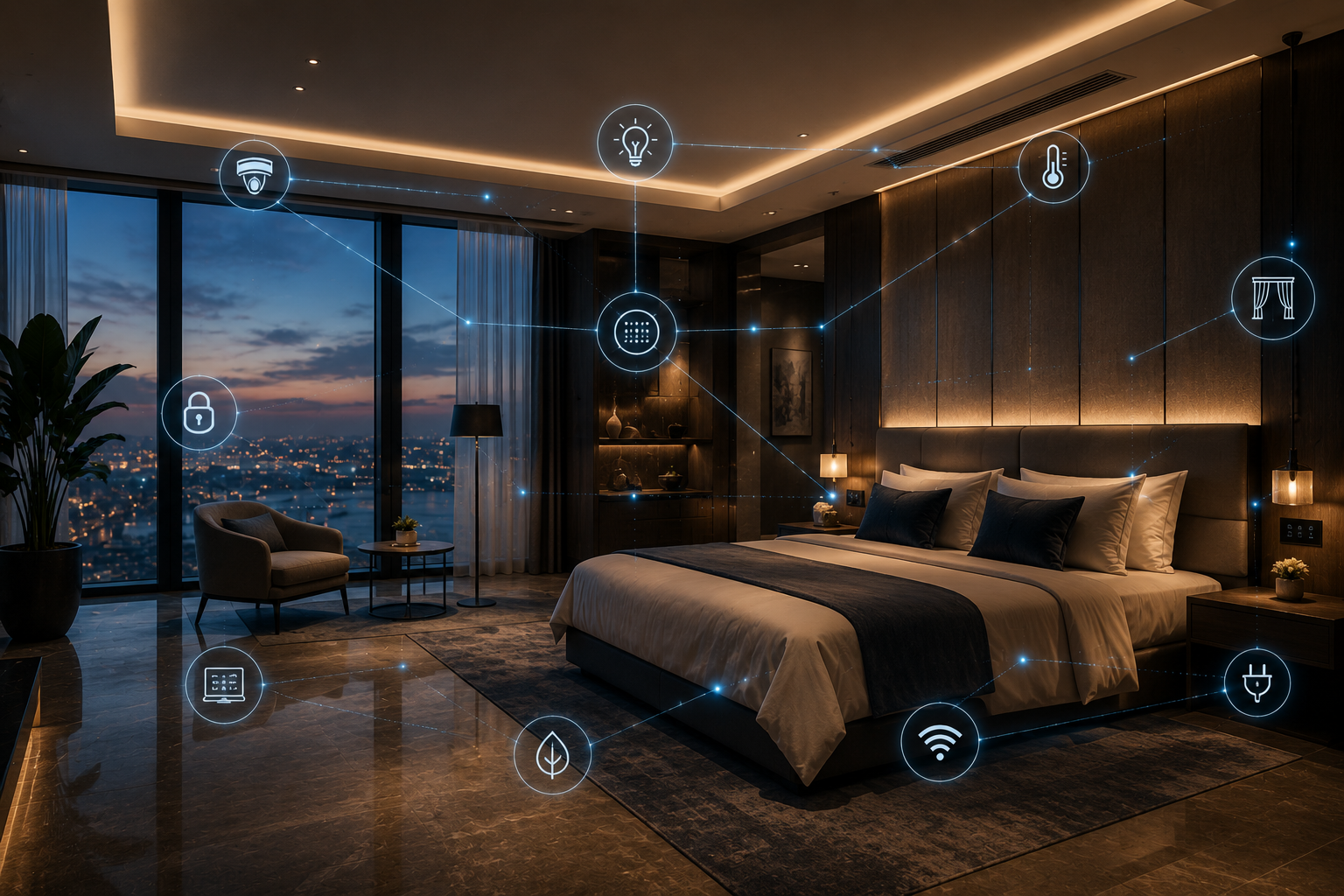 Luxury smart hotel room with connected IoT technologies, intelligent automation, and integrated hospitality systems for modern hotel operations.