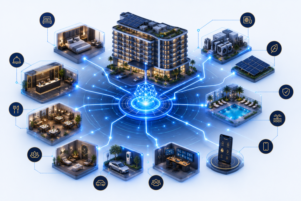 Isometric Smart Hotel IoT ecosystem diagram illustrating connected guest rooms, front office, restaurant, wellness, energy management, building automation, security, mobile applications, and hotel operations.
