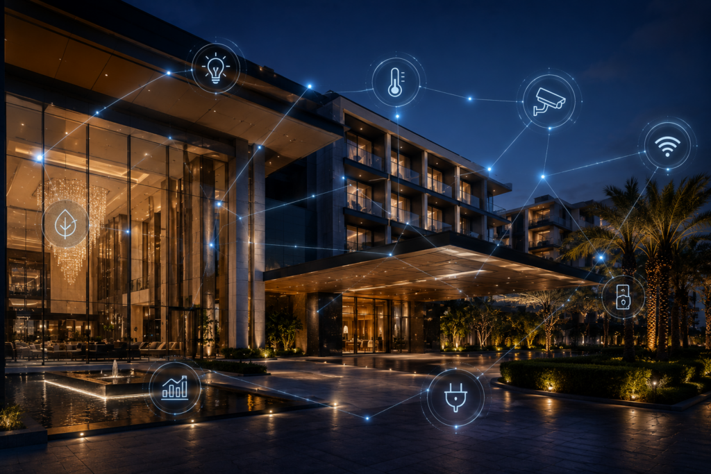 Luxury hotel with connected IoT technologies, intelligent building systems, smart energy management, and digital hospitality infrastructure.