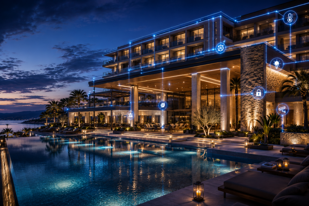 Luxury smart hotel resort with connected IoT technologies, intelligent building automation, energy management, and integrated hospitality systems at night.