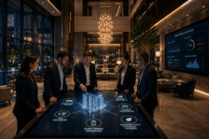 Technology consultants and hotel executives planning a Smart Hotel transformation roadmap using connected hospitality technologies, IoT, automation, and digital innovation.